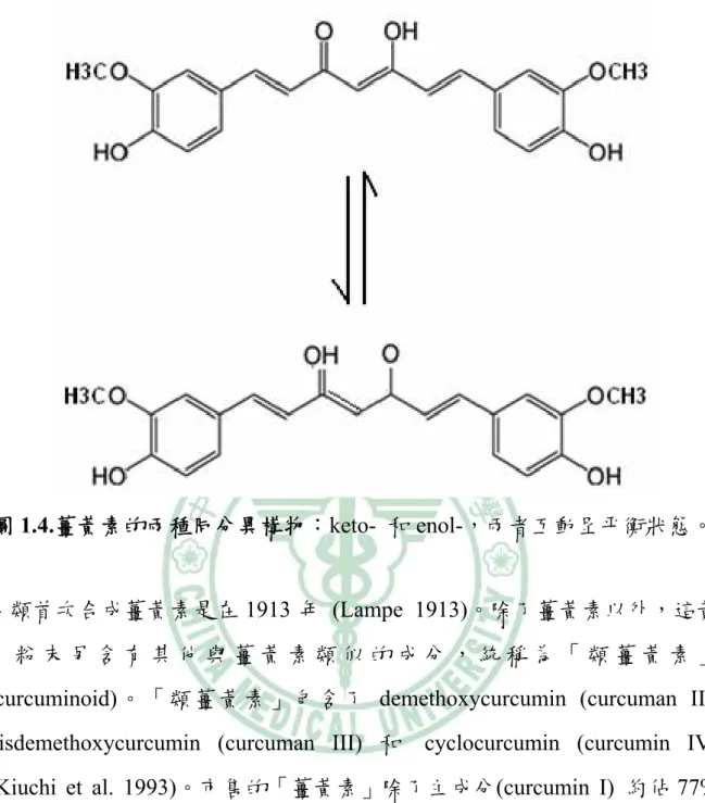 圖 1.4.薑黃素的兩種同分異構物：keto-  和 enol-，兩者互動呈平衡狀態。 