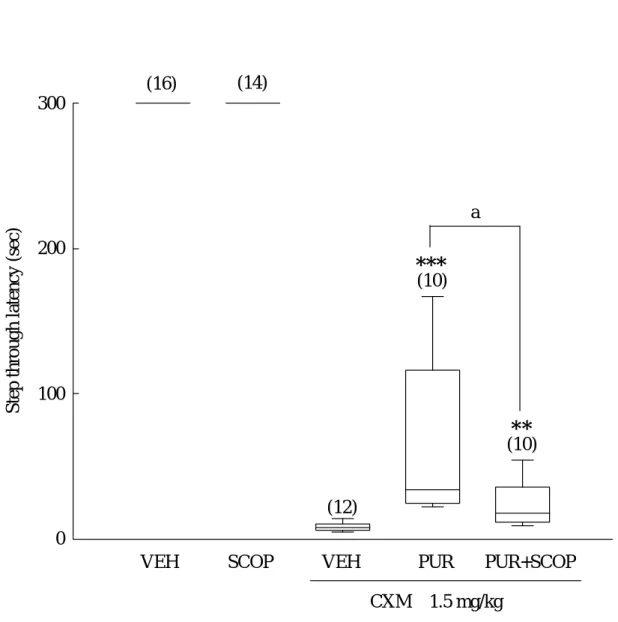 Fig 11. Effects of puerarin (PUR, 50 mg/kg, i.p.) plus scopolamine (SCOP, 0.3 mg/kg) on  cycloheximide (CXM, 1.5 mg/kg)-induced consolidation impairment of the passive avoidance 