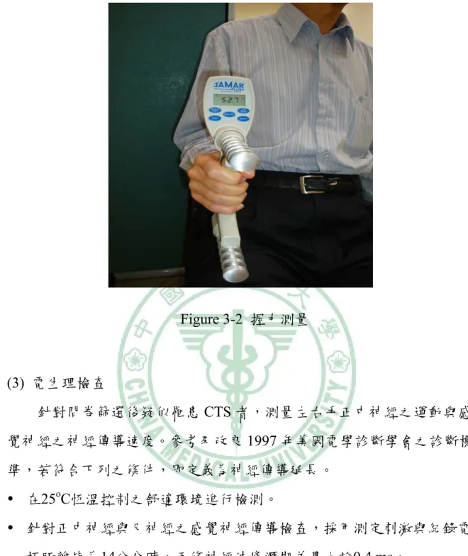 Figure 3-2  握力測量  (3)  電生理檢查  針對問卷篩選後疑似罹患 CTS 者，測量左右手正中神經之運動與感 覺神經之神經傳導速度。參考及改良 1997 年美國電學診斷學會之診斷標 準，若符合下列之條件，即定義為神經傳導延長。  y  在25 o C恆溫控制之舒適環境進行檢測。  y  針對正中神經與尺神經之感覺神經傳導檢查，採用測定刺激與紀錄電 極距離皆為14公分時，兩條神經波峰潛期差異大於0.4 ms。  y  針對正中神經以第二或第三指至手腕之感覺神經傳導速度小於 38  m/sec。