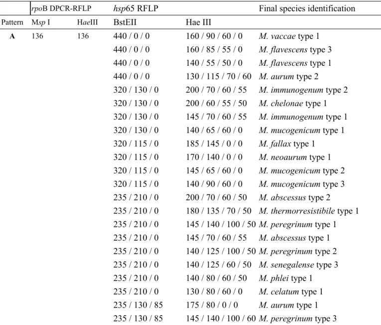 Table 3 A modified species identification algorithm by combined rpoB duplex PCR and hsp65 PCR-Restriction Fragment Length Polymorphism analysis