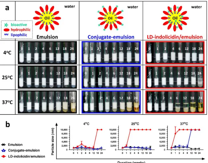 Figure 3. (a) Visual aspects and (b) laser light scattering analysis of the emulsion upon storage at 4°C, 25°C, or 37°C for 24 weeks