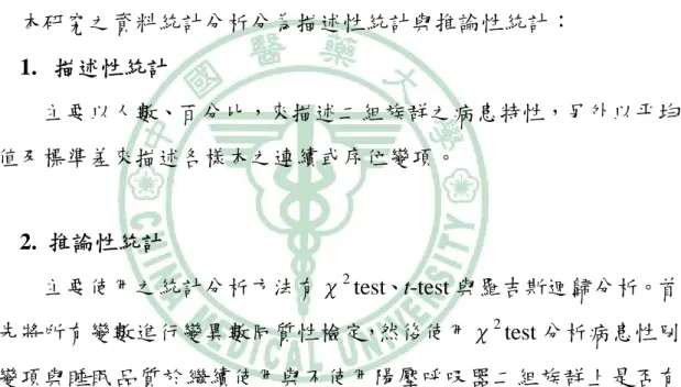 表 4  依變項  變項名稱  屬性  操作型定義  繼續接受CPAP治療  類別  是、否購買使用陽壓呼吸器  七、分析方法(Analytical Methods)  本研究之資料統計分析分為描述性統計與推論性統計：  1