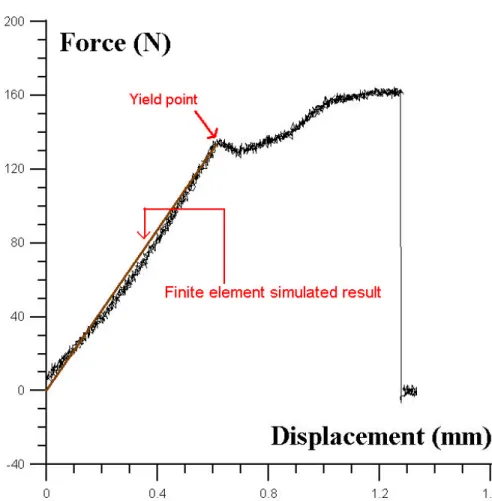 Figure 4. The force-displacement curve of a rabbit femur under three-point bending test and finite element simulated results 