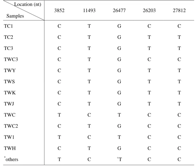 Table 6. Comparison of sequence variants among the SARS-CoV genomes of SARS-CoV  Taiwan area