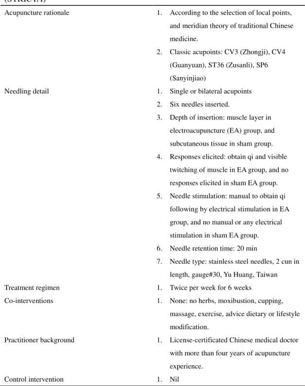 Table 1. Standards for Reporting Interventions in Controlled Trials of Acupuncture  (STRICTA) 