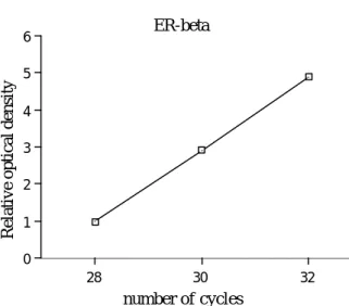 Fig. 28  Progesterone receptor 的半定量( semiquantitative )  RT-PCR 理想 cycle 數。由圖中的線性增加發現，當 cycle 數 為 30 時 ， 為 理 想 的 定 量 cycle 數 。                         28 30 320123456Progesterone receptorNumber of cycles