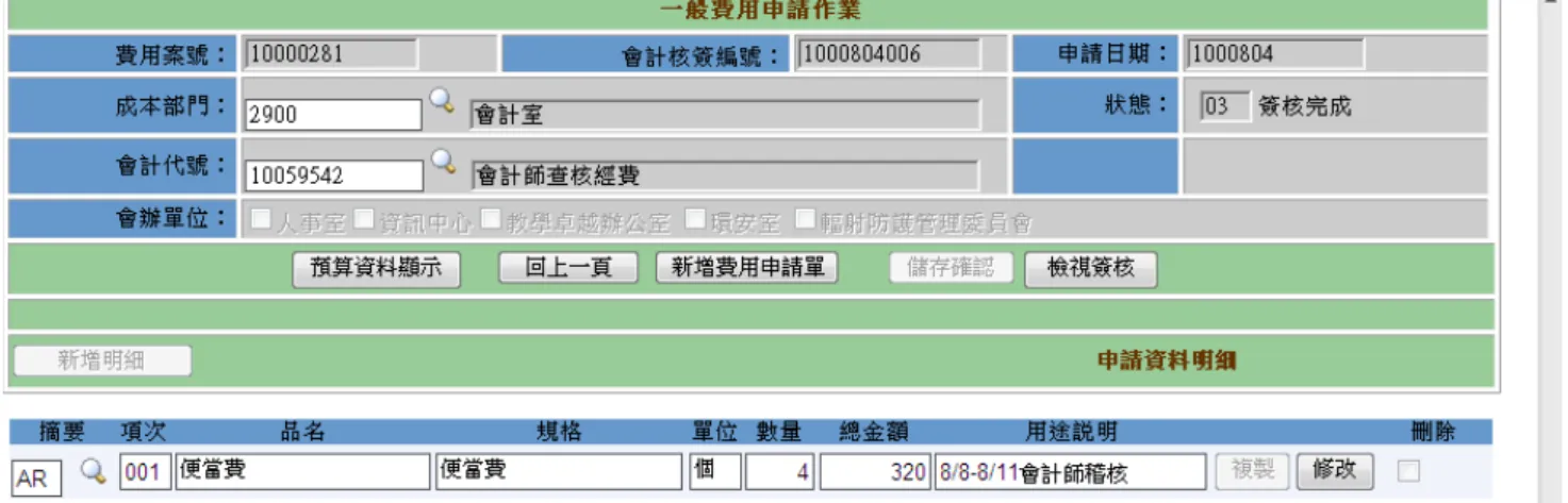 圖 4.1-3   一般費用申請作業(檢視簽核)  11. 欲檢視目前簽核流程進度，請執行「一般費用申請查詢作業」將申請單叫出， 點選「資料明細」Î「檢視簽核」(14)即可追蹤簽核進度。  圖 4.1-4    一般費用申請作業(撤回)  12