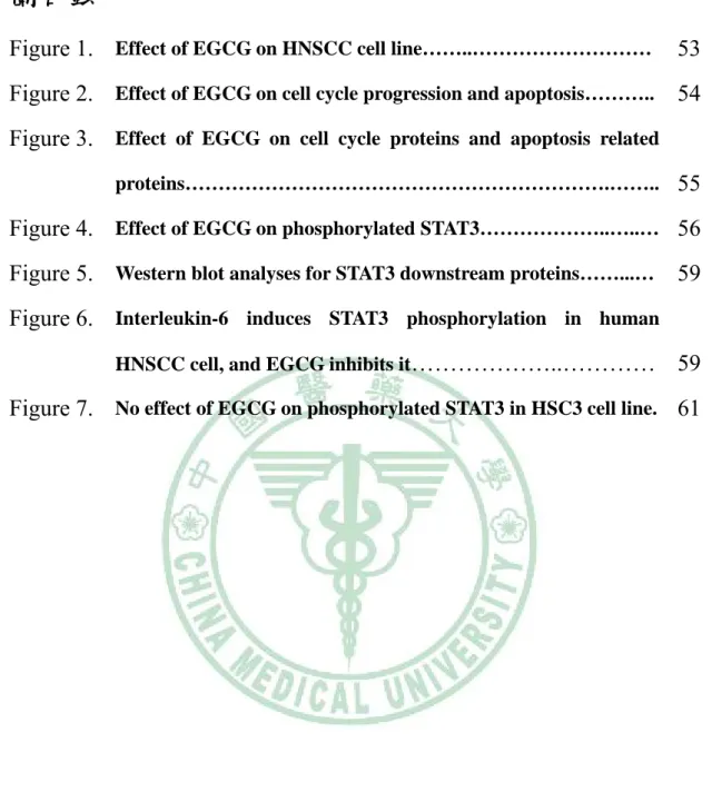Figure 1. Effect of EGCG on HNSCC cell line……..………………………   53 Figure 2.  Effect of EGCG on cell cycle progression and apoptosis……….