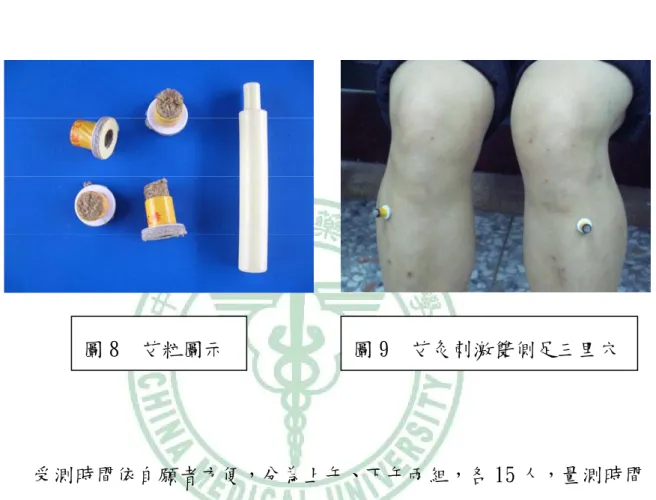 圖 8  艾粒圖示  圖 9  艾灸刺激雙側足三里穴 
