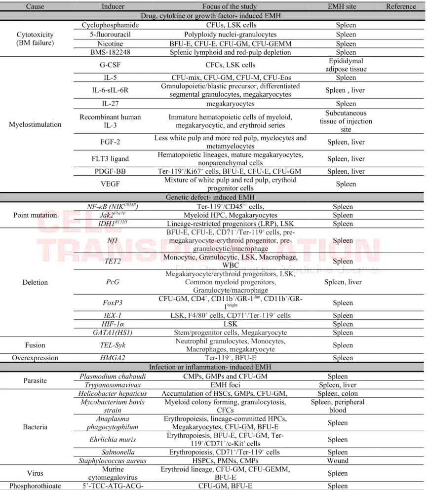 Table 1. Extramedullary hematopoiesis (EMH) in manipulated laboratory animals