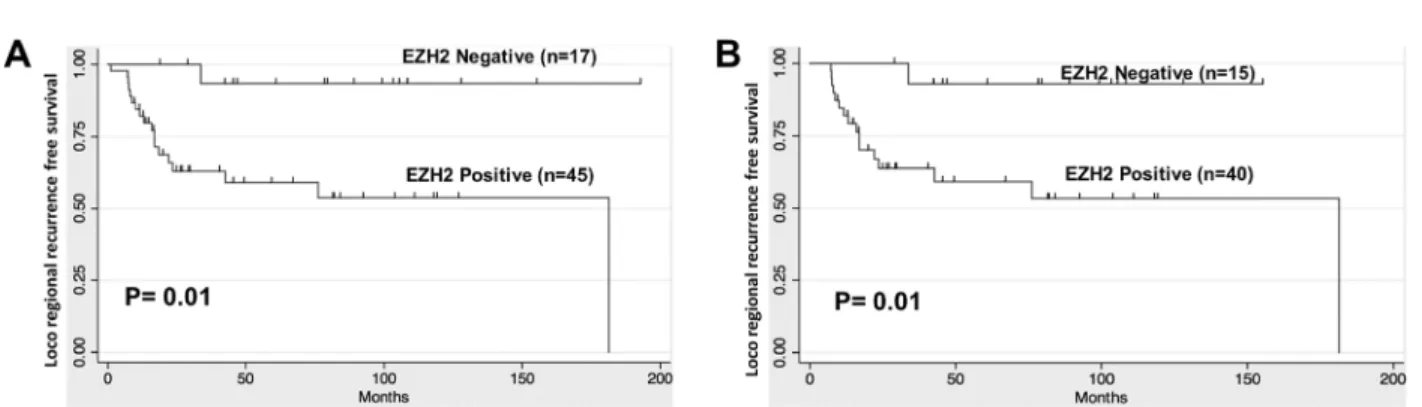 Figure 2 Kaplan Meier curve showing that EZH2 is associated with  lower LRFS in IBC patients
