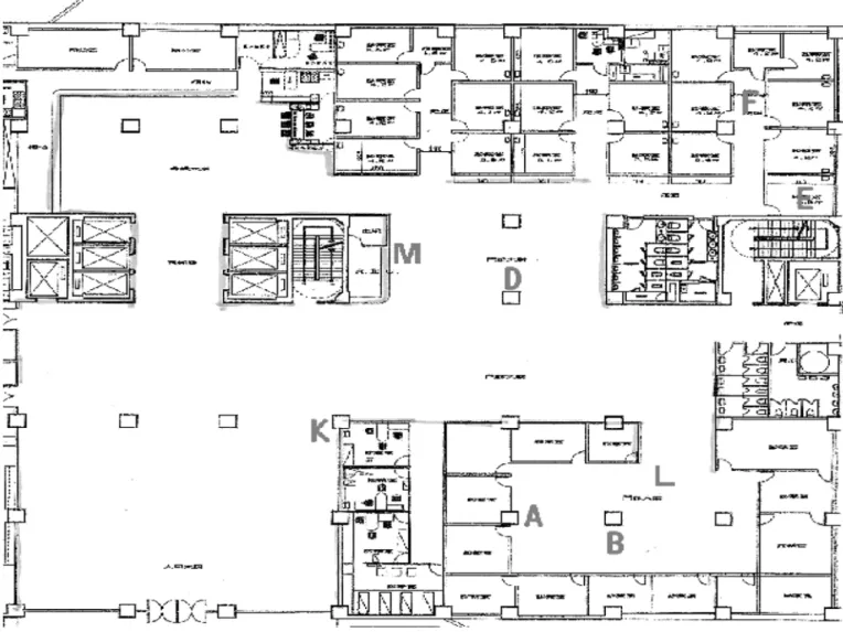 Figure 1. Map shows the 7 sites from where samples were obtained; the waiting areas of A, B, L (Departments of Neurology, Cardiology and Pulmonary  Medicine), D (room no