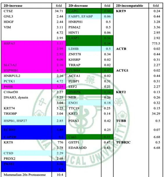 Table 3    比對 SKOV-3 細胞投予靈芝甲醇萃取物後 2D-MALDI/TOF                   (蛋白質表現)  及 Affymetrix (基因表現)  分析結果  10.4Mammalian 20s Proteasome2.42.56PKM22.69PRDX22.29CTSD 6.680.43EDARADD2.780.5TUBB2C0.47GSTP1776KRT86.680.33Cnn33.2CAPZB0.070.252.85ECHS10.5TUBB0.42PDIA32