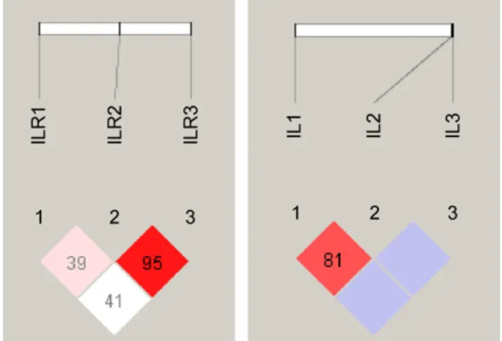 Fig. 1. Haploview linkage disequilibrium (D  ) displays the haplotype structures of both IL6-R and IL-6 genes