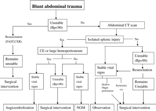 Fig. 1 Algorithm for the management of blunt splenic trauma. BP indicates blood pressure; FAST, Focused Abdominal Sonogram for Trauma;