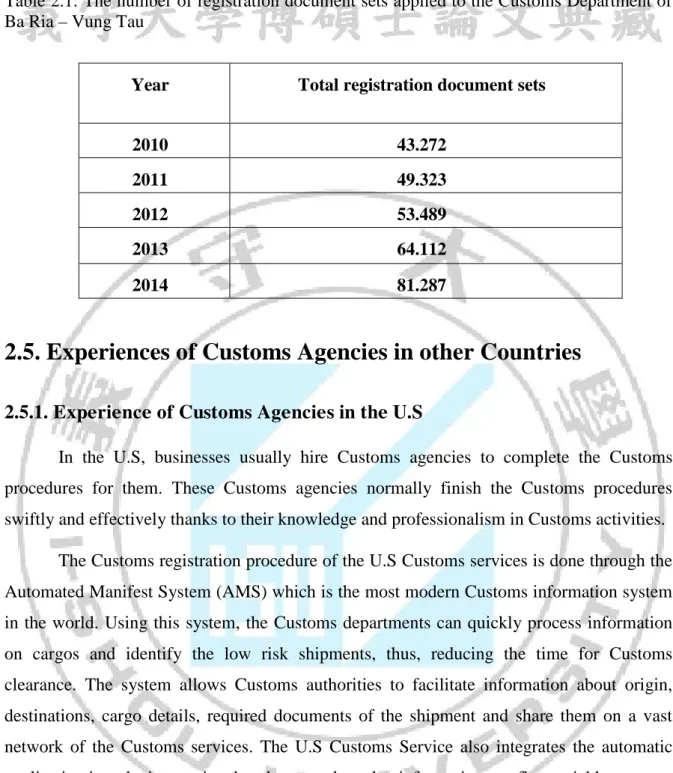 Table 2.1: The number of registration document sets applied to the Customs Department of  Ba Ria – Vung Tau 