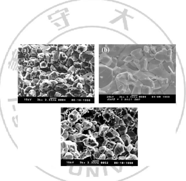 Fig. 2.9 SEM micrographs of fractured samples with ZnO content of    0.5 mol %, (b) 1.0 mol % and (c) 5 mol % ZnO [13]