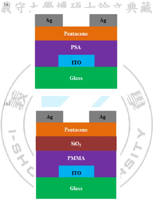 圖 3-2  有機薄膜電晶體結構圖(a)以 PSA 為介電層 (b)以 PMMA/SiO 2 為介電層 
