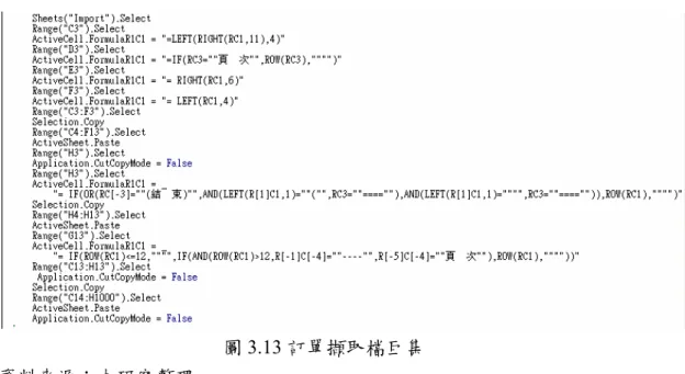 圖 3.13 訂單擷取檔巨集  資料來源：本研究整理  步驟 4  從 TIP-TOP 訂單文字檔萃取出的訂單資訊轉換成 Excel 的格式，如圖 3.14：  步驟 5  辨識有設計變更的機種別。  步驟 6  轉換成排程行事曆。  圖 3.14 轉換成 Excel 訂單  資料來源：本研究整理  陸、工令發佈檔邏輯設計  根據本研究的探討發現，生管排程人員在發佈工令的過程，費時且輸出時資料容易 因為機種別的名稱過於複雜而輸出錯誤，為了排除人工輸出所造成的錯誤以及縮短發佈