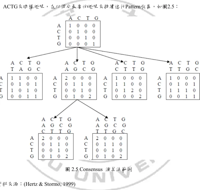 圖 2.5 Consensus  演算法範例  資料來源：(Hertz &amp; Stormo, 1999) 