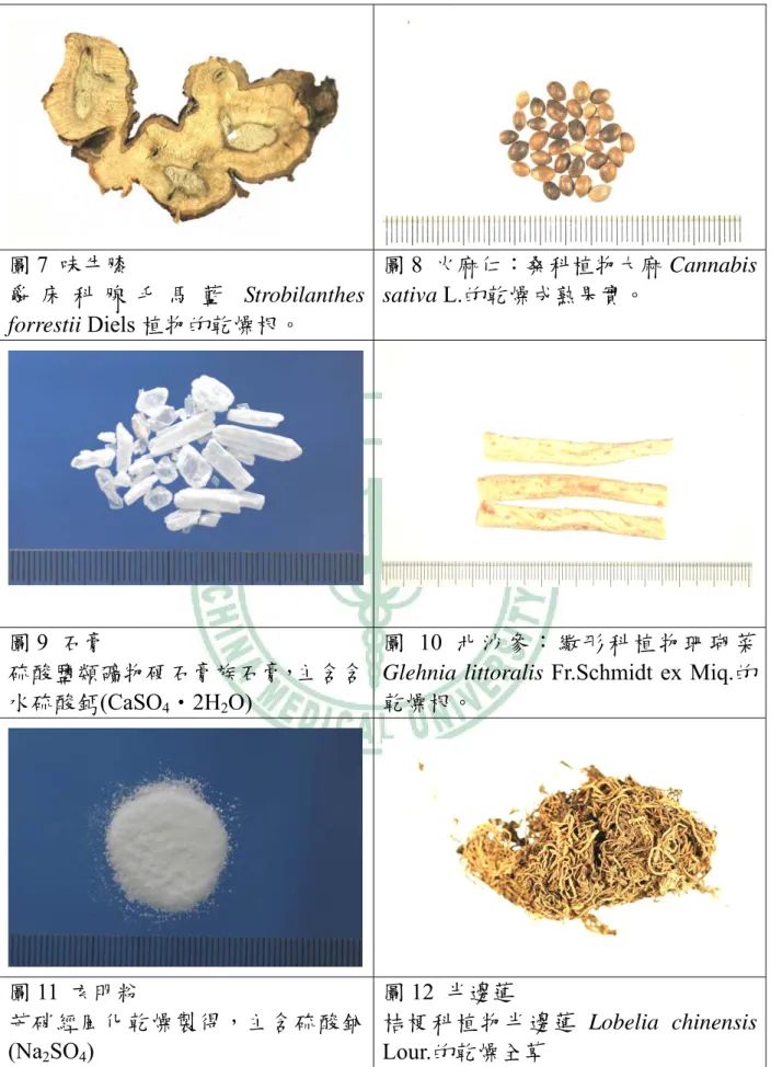 圖 7  味牛膝  爵 床 科 腺 毛 馬 藍 Strobilanthes  forrestii Diels 植物的乾燥根。  圖 8  火麻仁：桑科植物大麻 Cannabis sativa L.的乾燥成熟果實。  圖 9  石膏  硫酸鹽類礦物硬石膏族石膏，主含含 水硫酸鈣(CaSO 4 ‧2H 2 O)  圖 10  北沙參：繖形科植物珊瑚菜Glehnia littoralis Fr.Schmidt ex Miq.的乾燥根。  圖 11  玄明粉  芒硝經風化乾燥製得，主含硫酸鈉 (Na 2 SO 4 