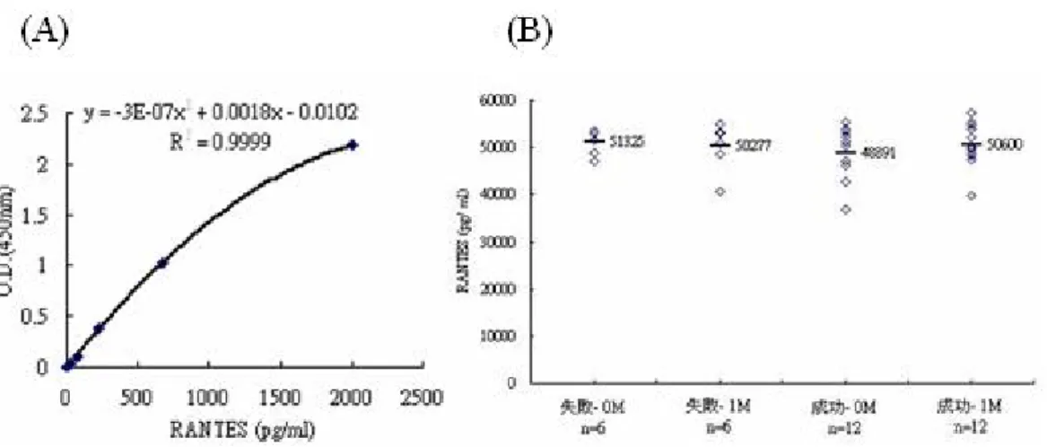 圖 3 以 ELISA 的方式偵測(A) RNATES standard (B)  慢性肝炎病人在 治療前及治療後 1 個月血漿中的 RANTES 蛋白表現量。共有 6 個治 療失敗及 12 個治療成功的病人，失敗代表治療失敗，成功則為治療 成功，0M 代表治療前，1M 為治療後 1 個月。顯示 ELISA 的結果為 治療前及治療後比上治療前，治療成功與治療失敗沒有統計上意義。
