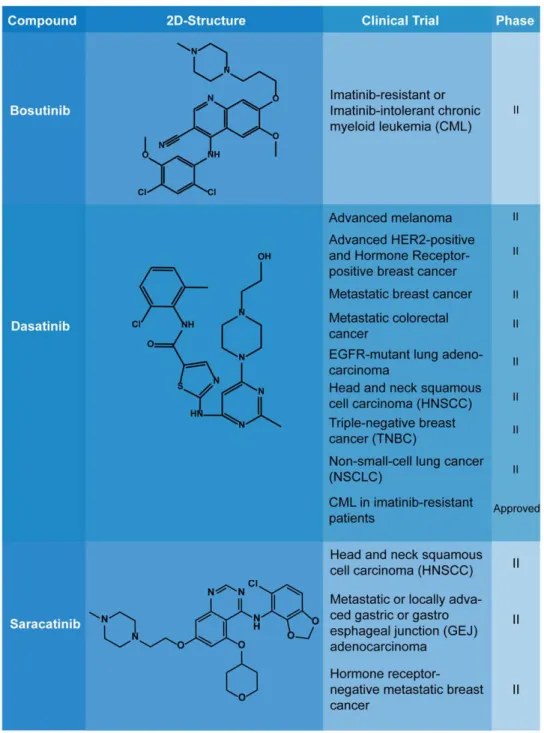 Figure 2. Scaffolds of Bosutinib, Dasatinib, amd Saracatinib, and their respective status in clinical trials.
