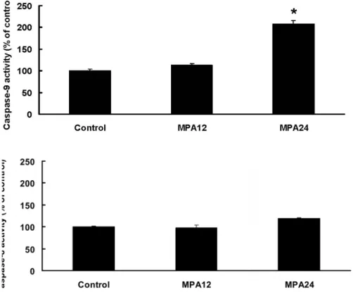 Figure 6.  The effects of MPA on  caspase-9 and -8 activities.  MCF-7 cells were treated with 50 M of test agents for 12 or 24 hours