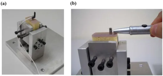 Fig. 2. (a) L-shaped transducer set up as recommended by the manufacturer (Osstell) after the  bone model was fixed into the jig