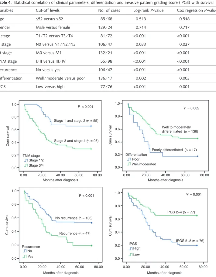 Table 4. Statistical correlation of clinical parameters, differentiation and invasive pattern grading score (IPGS) with survival