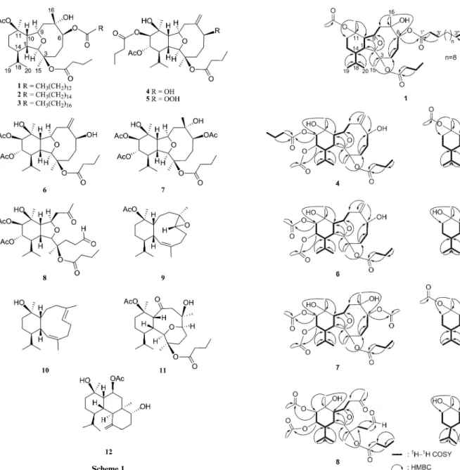 Fig. 1 Key 1 H- 1 H COSY and HMBC correlations of 1, 4, and 6–12.