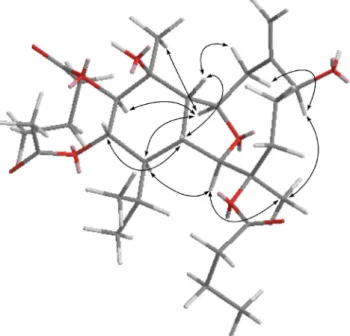 Fig. 3 1 H NMR chemical shift differences Dd (d S - d R ) in ppm for the MTPA esters of 4.