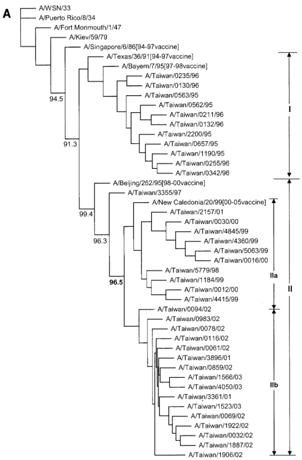FIG. 2. Sequence analysis of influenza A (H1N1) viruses in Taiwan. (A) Phylogenetic relationship of influenza A H1N1 subtype