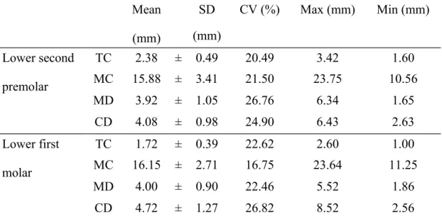 Table 1. Measurements of TC, MC, MD, and CD at the second premolar and first molar 　 Mean (mm) SD (mm) CV (%) Max (mm) Min (mm) Lower second premolar TC 2.38 ± 0.49 20.49 3.42 1.60MC15.88 ± 3.4121.5023.75 10.56 MD 3.92 ± 1.05 26.76 6.34 1.65 CD 4.08 ± 0.98