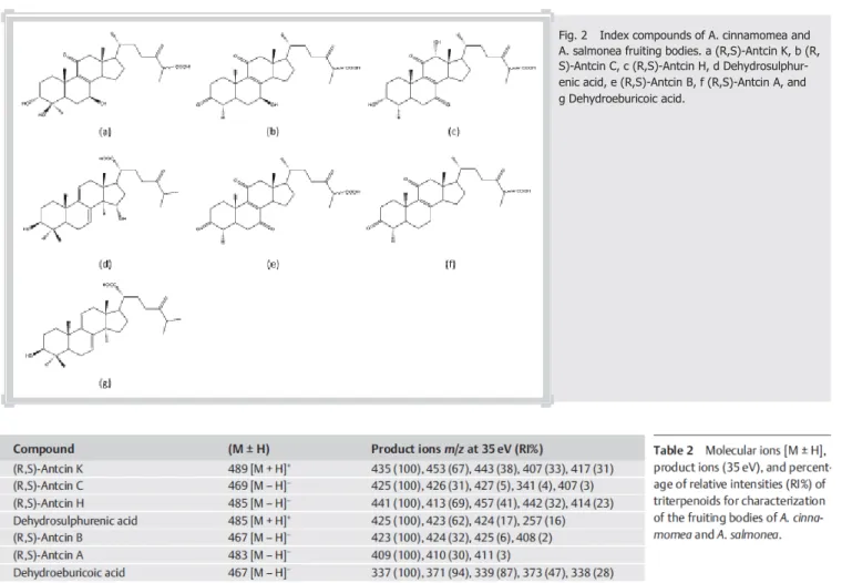 Fig. 2    Index compounds of A. cinnamomea and A. salmonea fruiting bodies. a (R,S)-Antcin K, b (R, S)-Antcin C, c (R,S)-Antcin H, d  Dehydrosulphur-enic acid, e (R,S)-Antcin B, f (R,S)-Antcin A, and g Dehydroeburicoic acid.