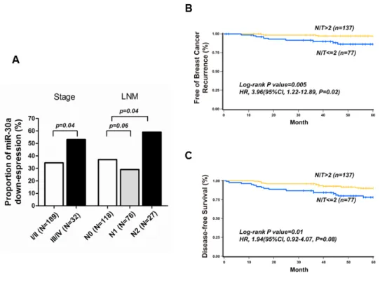 Figure 5. The reduction in vimentin protein levels caused by miR-30a affects the  invasiveness and migration phenotypes of breast cancer cell lines, and decreased  expression of miR-30a is associated with poor clinical features and worse tumor 
