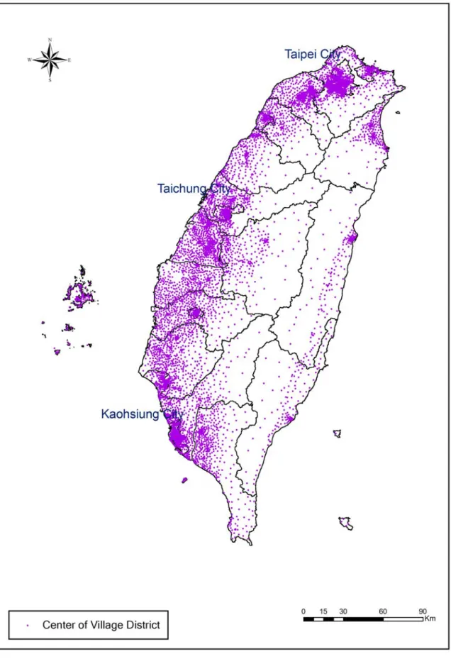 圖 3 .  1995-1996 年台灣地區國中學童肺功能研究之住家區域(村里中心點)分布圖 