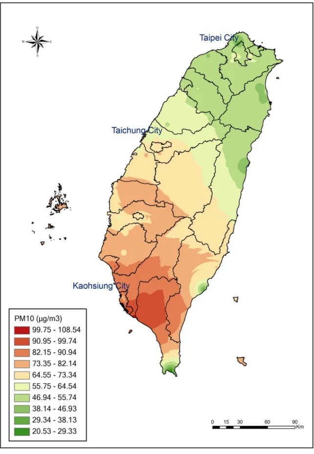圖 4. 1995-1996 年台灣地區利用地理資訊系統(GIS)所推估之 PM 10 濃度圖 