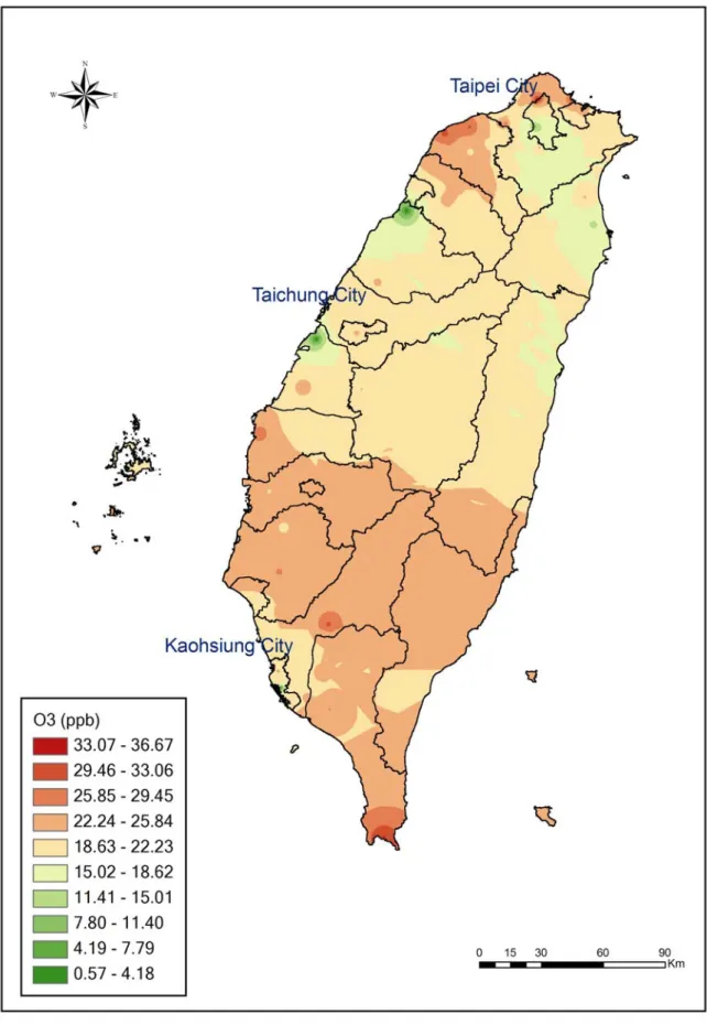圖 8. 1995-1996 年台灣地區利用地理資訊系統(GIS)所推估之 O 3 濃度圖 