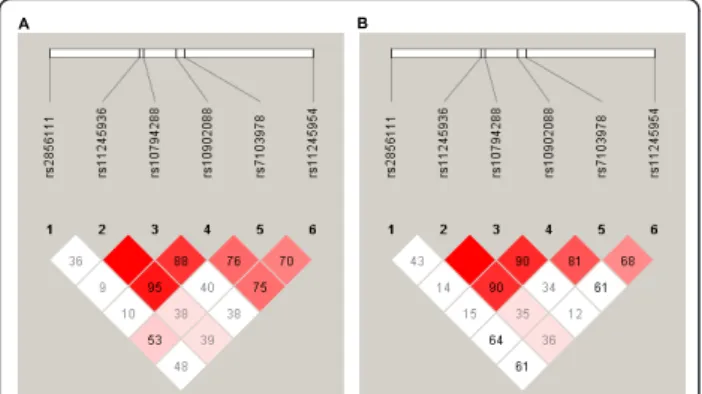 Figure 1 Pairwise linkage disequilibrium (LD) between SNPs of the MUC2 gene. LD maps were shown for controls (A) and patients (B)