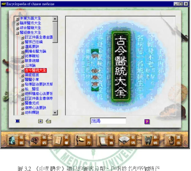 圖 3.2  《中華醫典》總目的圖書分類、作者姓名和所屬時代 