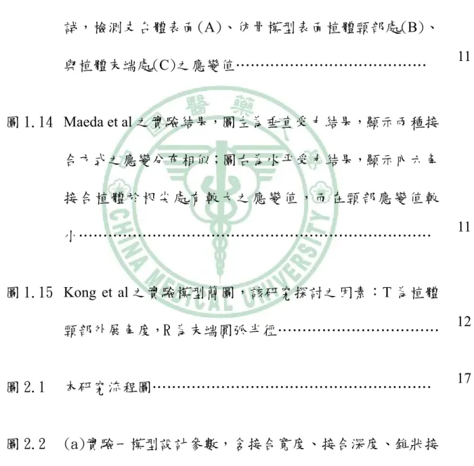 圖 1.12   Chun et al 之研究結果，顯示在不同角度的受力下，應力值 由大至小分別為外六角接合植體、單件式植體、與內六角接 合植體………………………………………………………… 10 圖 1.13  Maeda et al 之實驗裝置，施以垂直與水平 30N 兩種受力測 試，檢測支台體表面(A)、仿骨模型表面植體頸部處(B)、 與植體末端處(C)之應變值…………………………………  11 圖 1.14  Maeda et al 之實驗結果，圖左為垂直受力結果，顯示兩種接 合方式之應變分布相似；圖