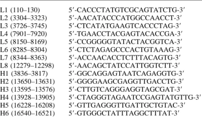 Table 1. Nucleotide Sequences of the Primers Designed for Polymerase Chain Reaction Amplification of Human mtDNA L1 (110–130) 5⬘-CACCCTATGTCGCAGTATCTG-3⬘ L2 (3304–3323) 5 ⬘-AACATACCCATGGCCAACCT-3⬘ L3 (3726–3745) 5⬘-CTCATATGAAGTCACCCTAG-3⬘ L4 (7901–7920) 5 
