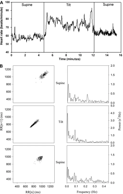 Fig. 2. (A) Representative heart rate changes and (B) power spectral and Poincaré plot during tilt test.