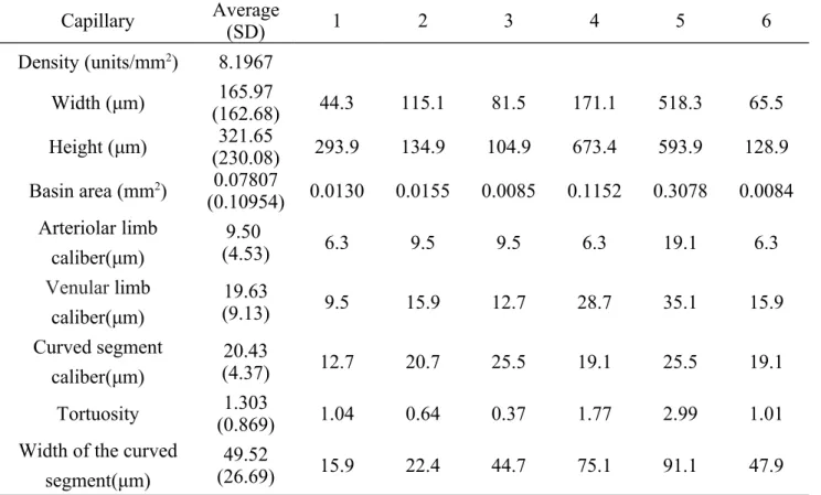 Table 1  demonstrates the morphological features extracted from the six capillaries of a normal subject shown in Fig