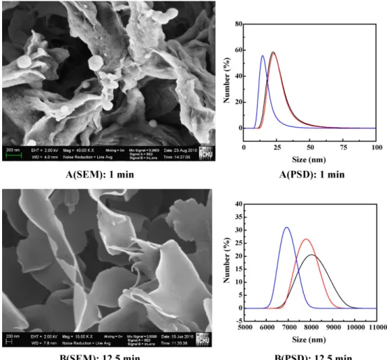 Fig. 4. Morphology (SEM) and particle size distribution (PSD) at different injection times