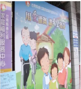 圖 1：高雄市政府社會局小港家庭福利服 務中心鋼平站 圖 2：臺南縣善化區家庭福利服務中心 可以 做為社區活動的接觸點。相似的，臺南縣善化區家庭福利服務中心的宣傳目標清晰、 溫馨、家庭化（見圖 2），有降低求助焦慮的潛在作用。  場所的設計除了外觀之外，服務地點的內部設計亦相當重要。大多數的家庭福利服 務中心，內部的陳設皆走軟性的色調，讓前來求助者，有安心、受支持、溫暖的感受， 這對需與案主高度互動的福利服務業來說，是相當重要也是正確的作法。而為因應求助 者的特性，與專業服務項目的需要，多數中心皆會設置會談