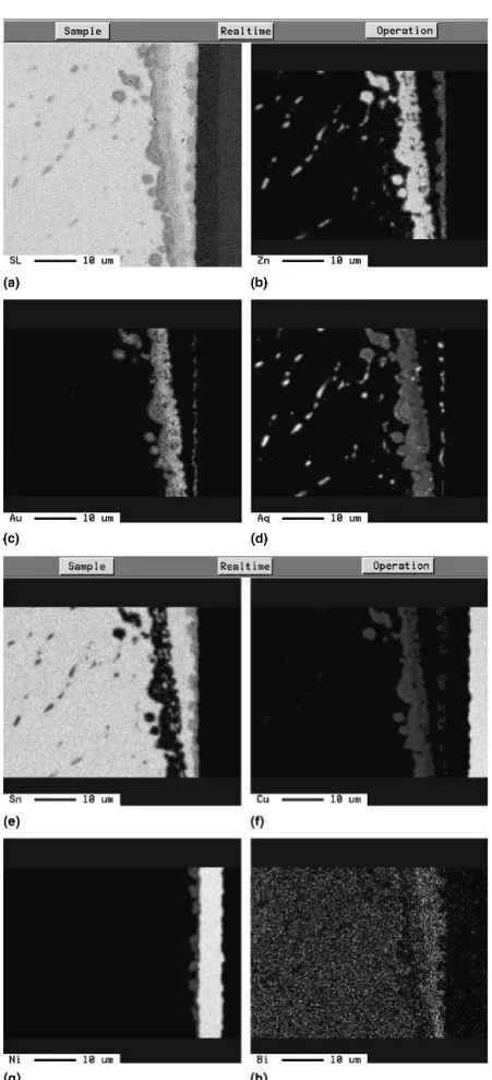 FIG. 2. The elemental analysis at the interfacial area of the single reflow specimen soldered at 210 °C (a) backscattered electron image, (b) Zn, (c) Au, (d) Ag, (e) Sn, (f) Cu, (g) Ni, and (h) Bi.