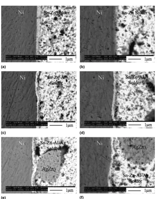 FIG. 6. SEM photographs of the solder–Cu/Ni–P/Au interfaces; Sn–9Zn (a) as soldered, (b) aged 1000 h; Sn–8.55Zn–0.45Al (c) as soldered and (d) aged 1000 h; Sn–8.55Zn–0.45Al (e) as soldered and (f) aged 1000 h.