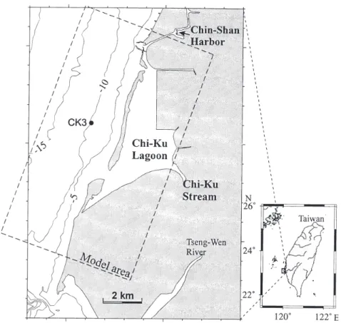 Fig. 1. A map showing the location of the Chi-Ku lagoon and isobaths(in meters) in the sea adjacent to the lagoon